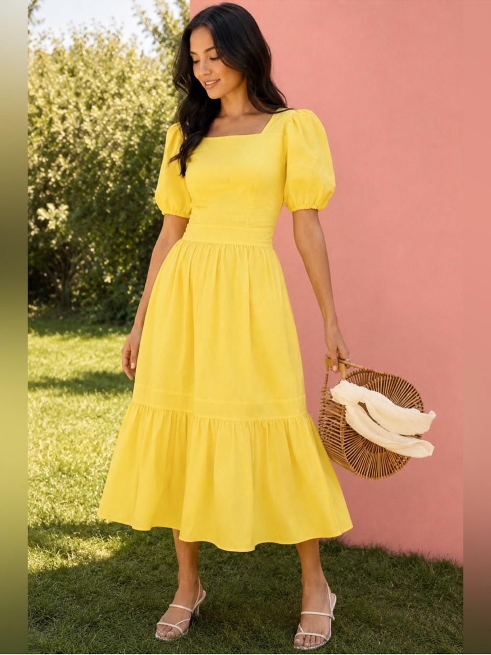 Rachel Parcell Puff Sleeve Yellow Midi Ruffle Dress Size Medium‎